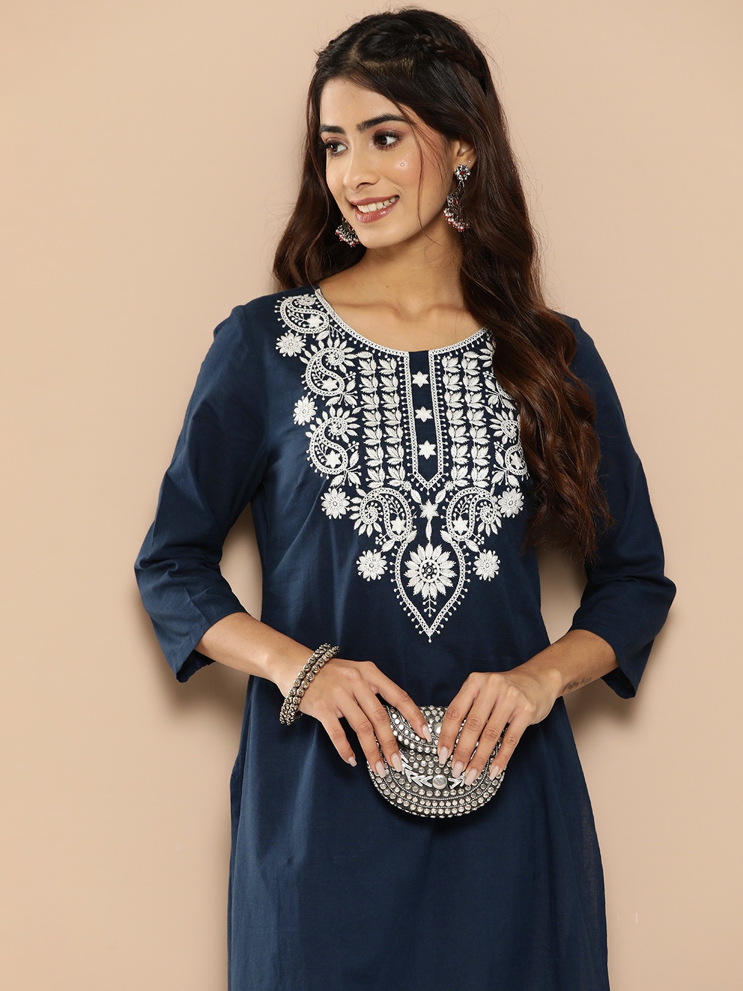 

HERE&NOW Paisley Embroidered Pure Cotton Kurta, Navy blue