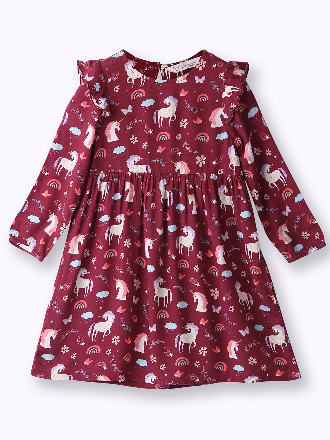 

Beebay Girls Unicorn Printed Round Neck Long Sleeve Gathered A-Line Dress, Maroon