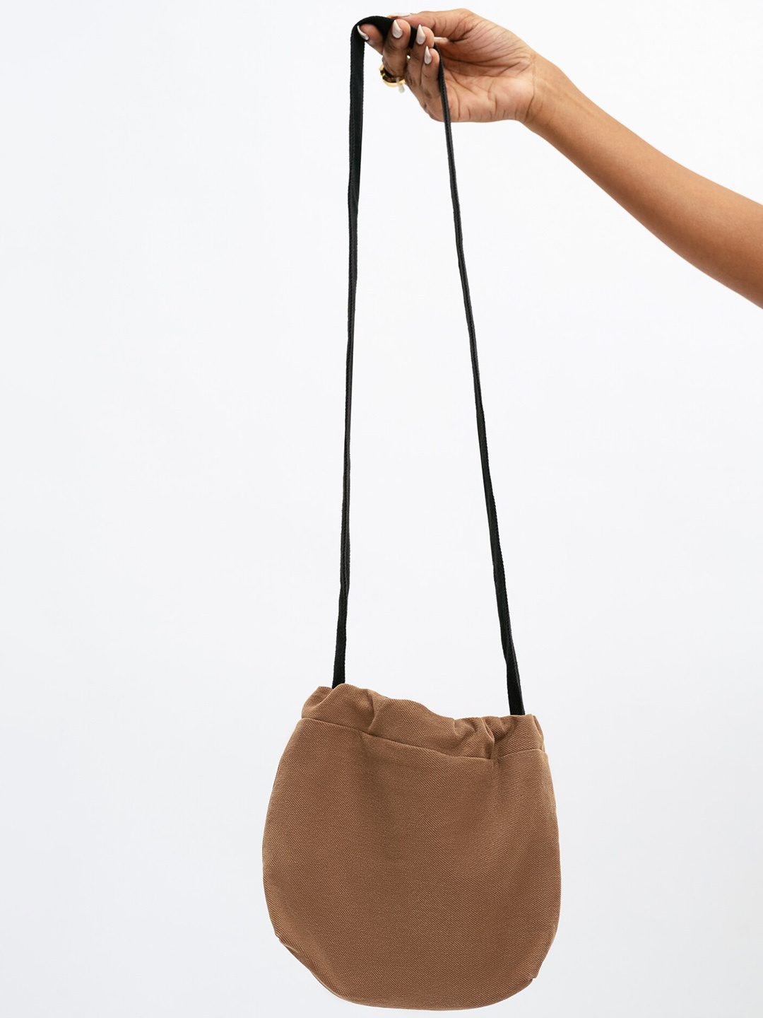 

FREAKINS Brown Bucket Sling Bag with Cut Work