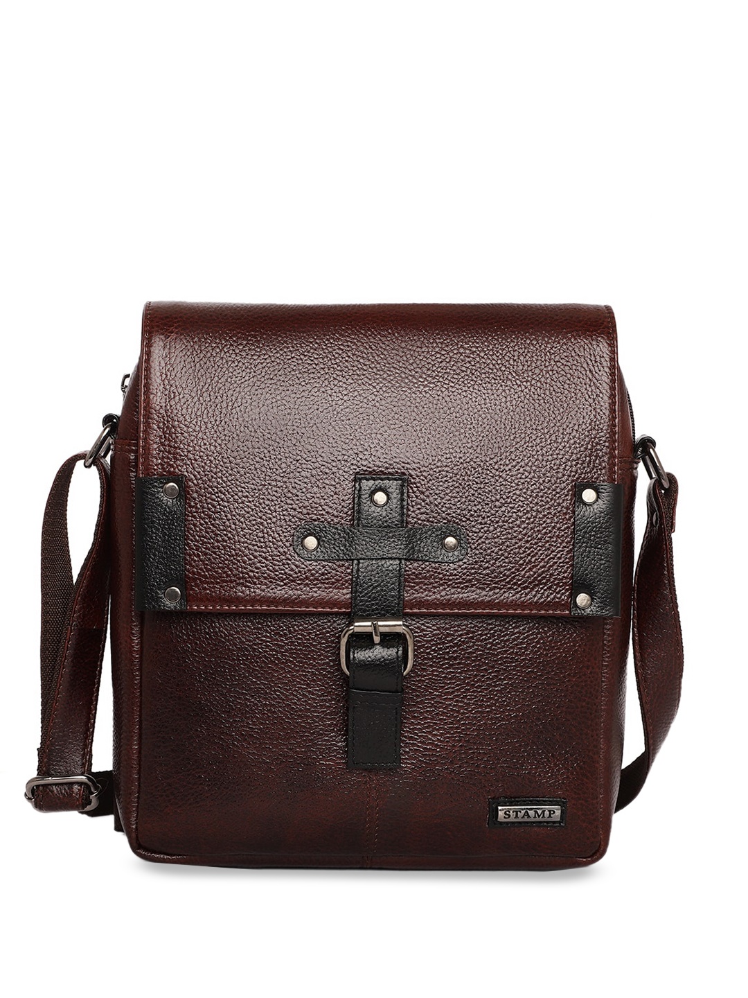 

Stamp Unisex Leather Structured Sling Bag, Brown