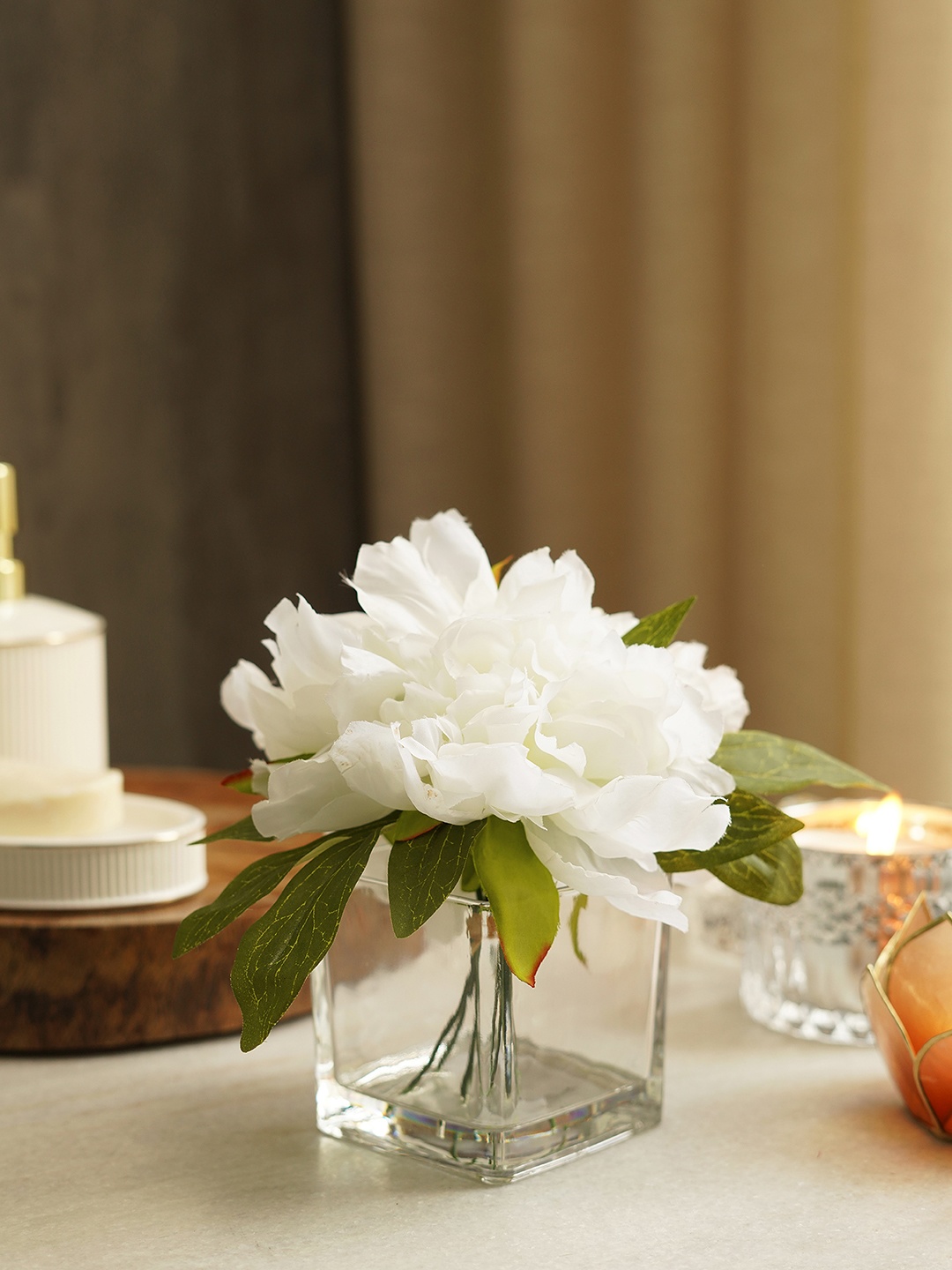 

Pure Home and Living White Artificial Peony with Glass Vase