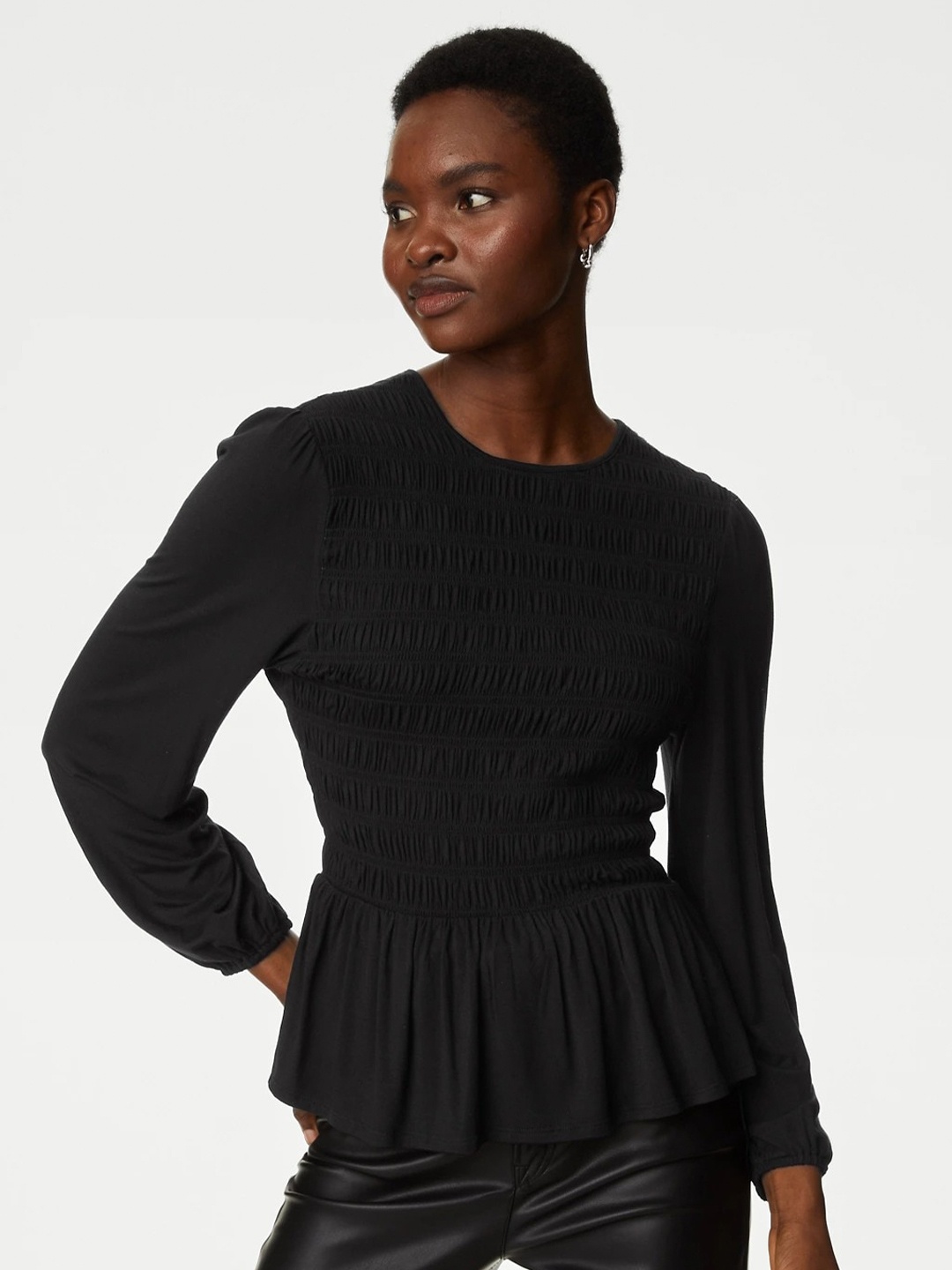 

Marks & Spencer Round Neck Peplum Top, Black