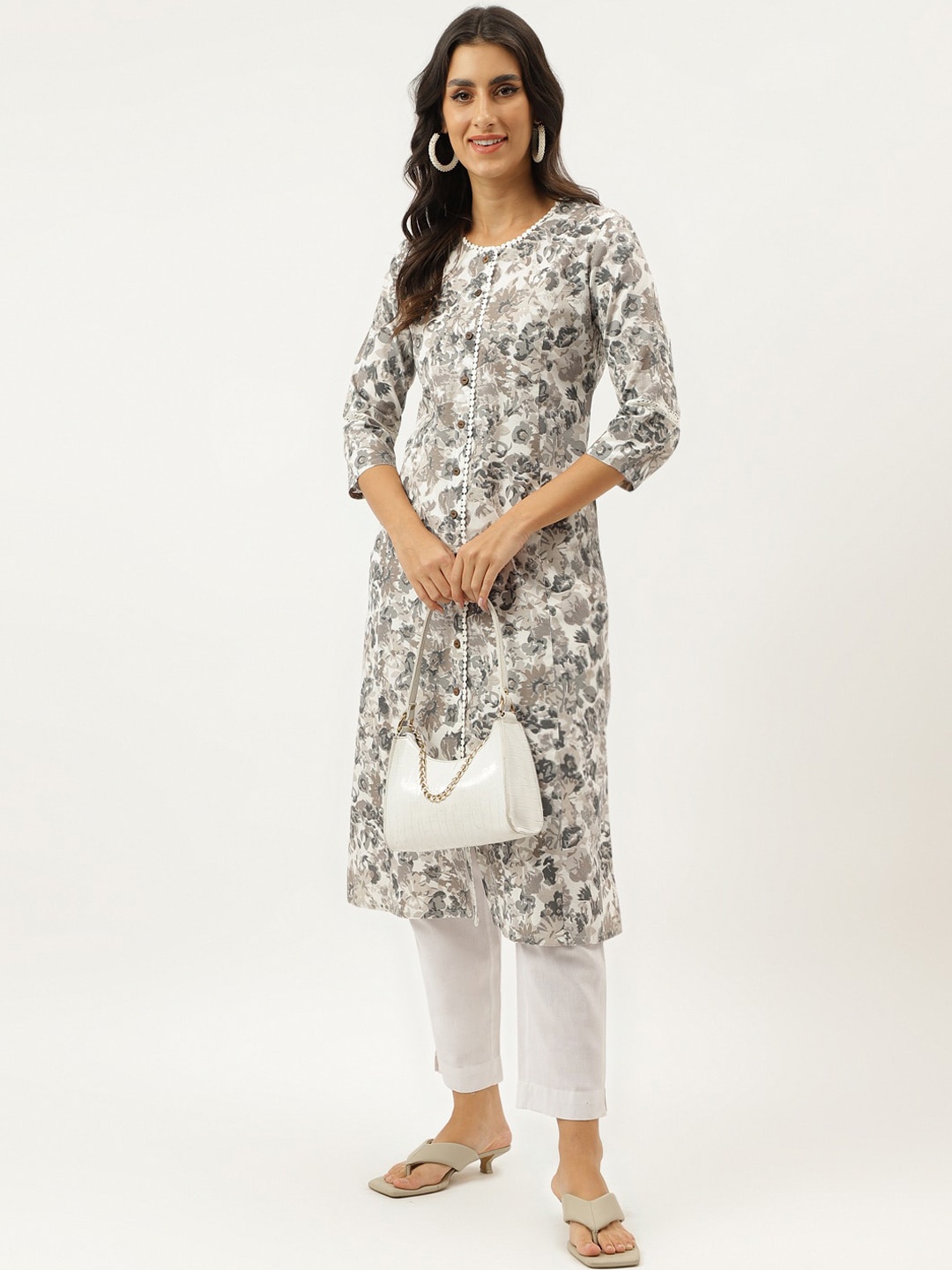 

Neemiya Floral Printed Round Neck Pure Cotton A-line Kurta, Grey