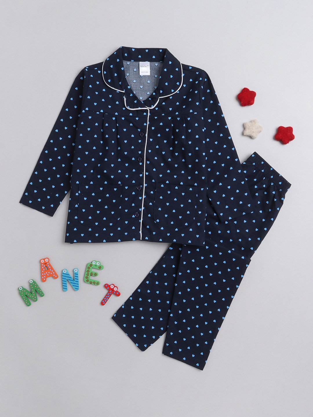 

MANET Girls Polka Dot Printed Pure Cotton Night suit, Navy blue