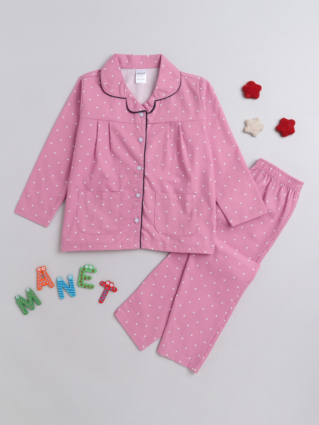 

MANET Girls Polka Dot Printed Pure Cotton Night suit, Pink