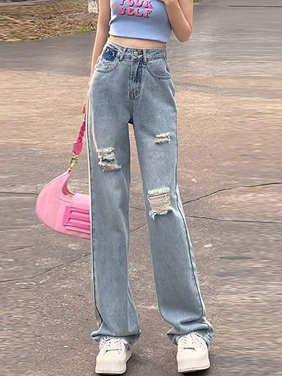 

LULU & SKY Women Straight Fit High-Rise Highly Distressed Heavy Fade Jeans, Blue
