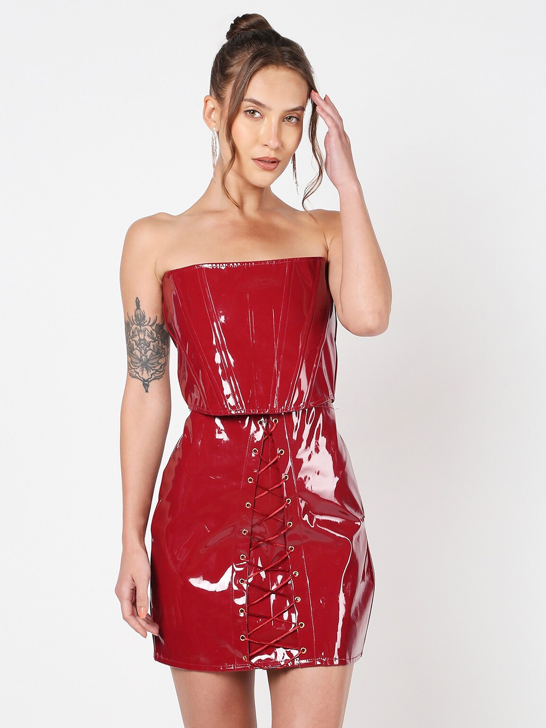 

LIYOKKI Leather Tube Top & Mini Skirt, Red