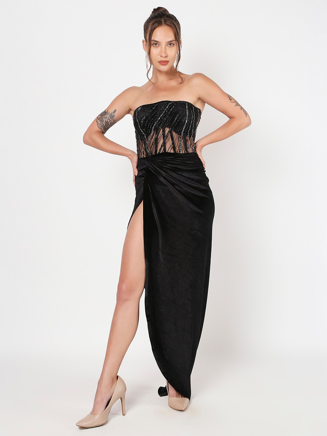 

LIYOKKI Embellished Strapless Gathered Detail Velvet Maxi Dress, Black