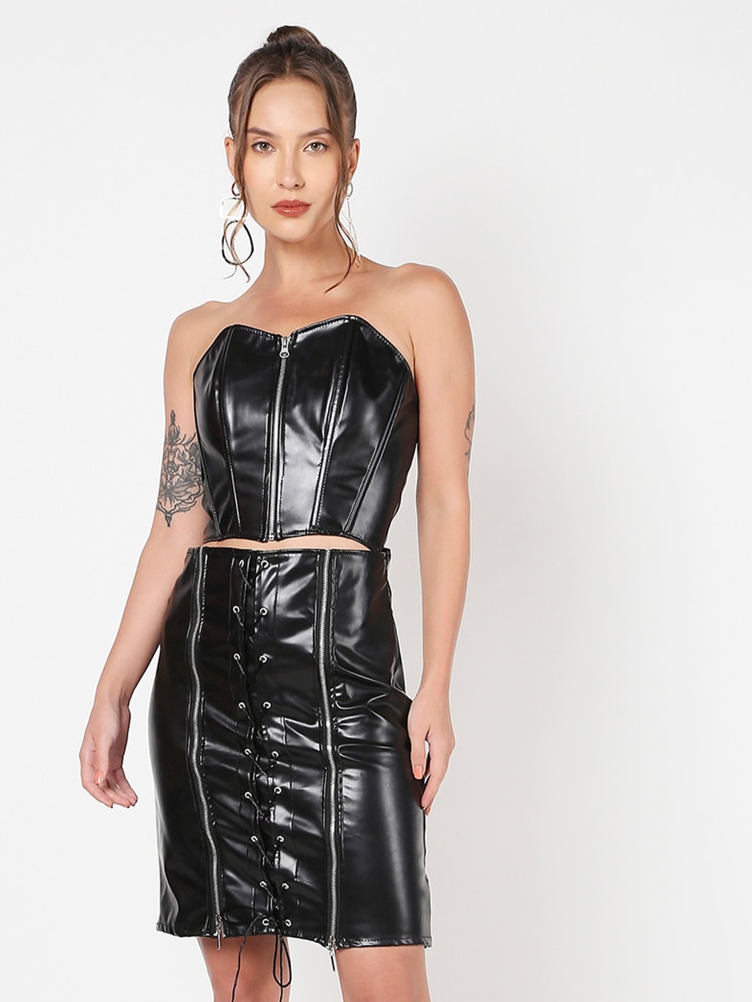 

LIYOKKI Off Shoulder Leather Sheath Dress, Black