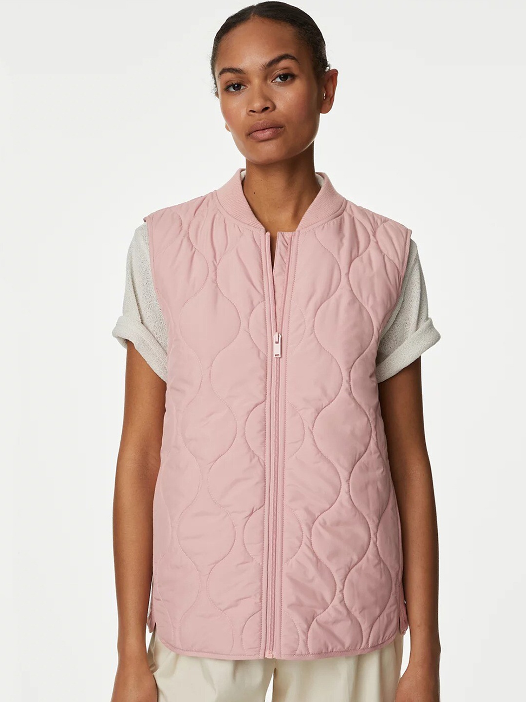 

Marks & Spencer Striped Longline Open Front Jacket, Pink