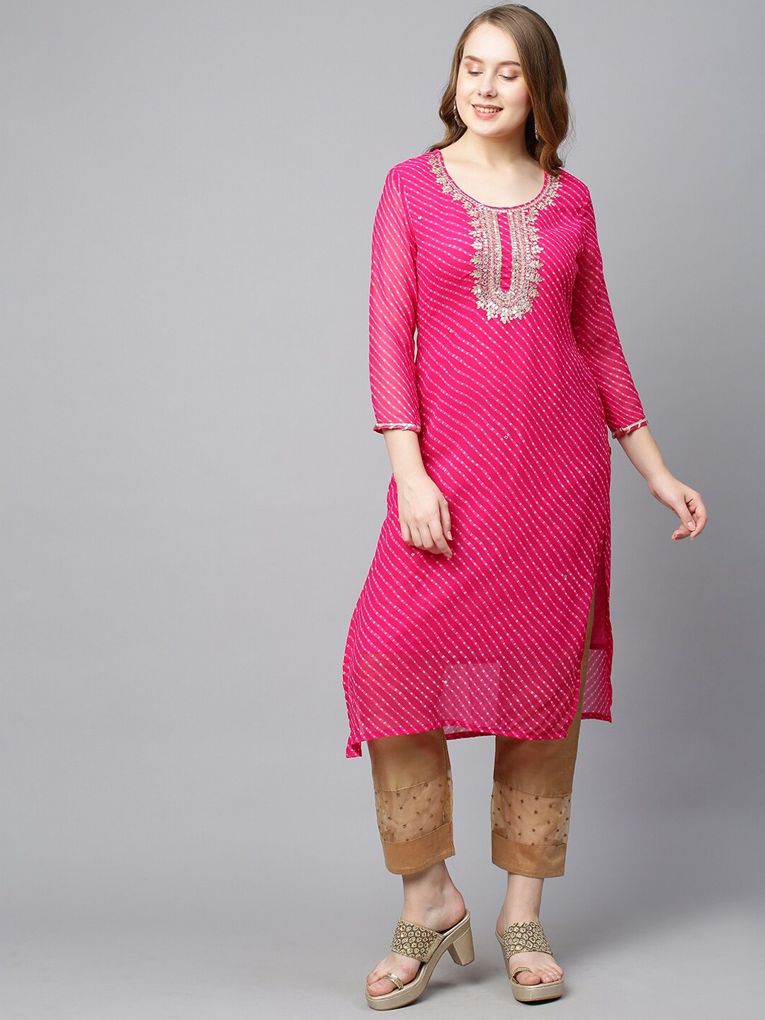 

FASHOR Ethnic Motifs Embroidered Georgette Straight Kurta, Pink