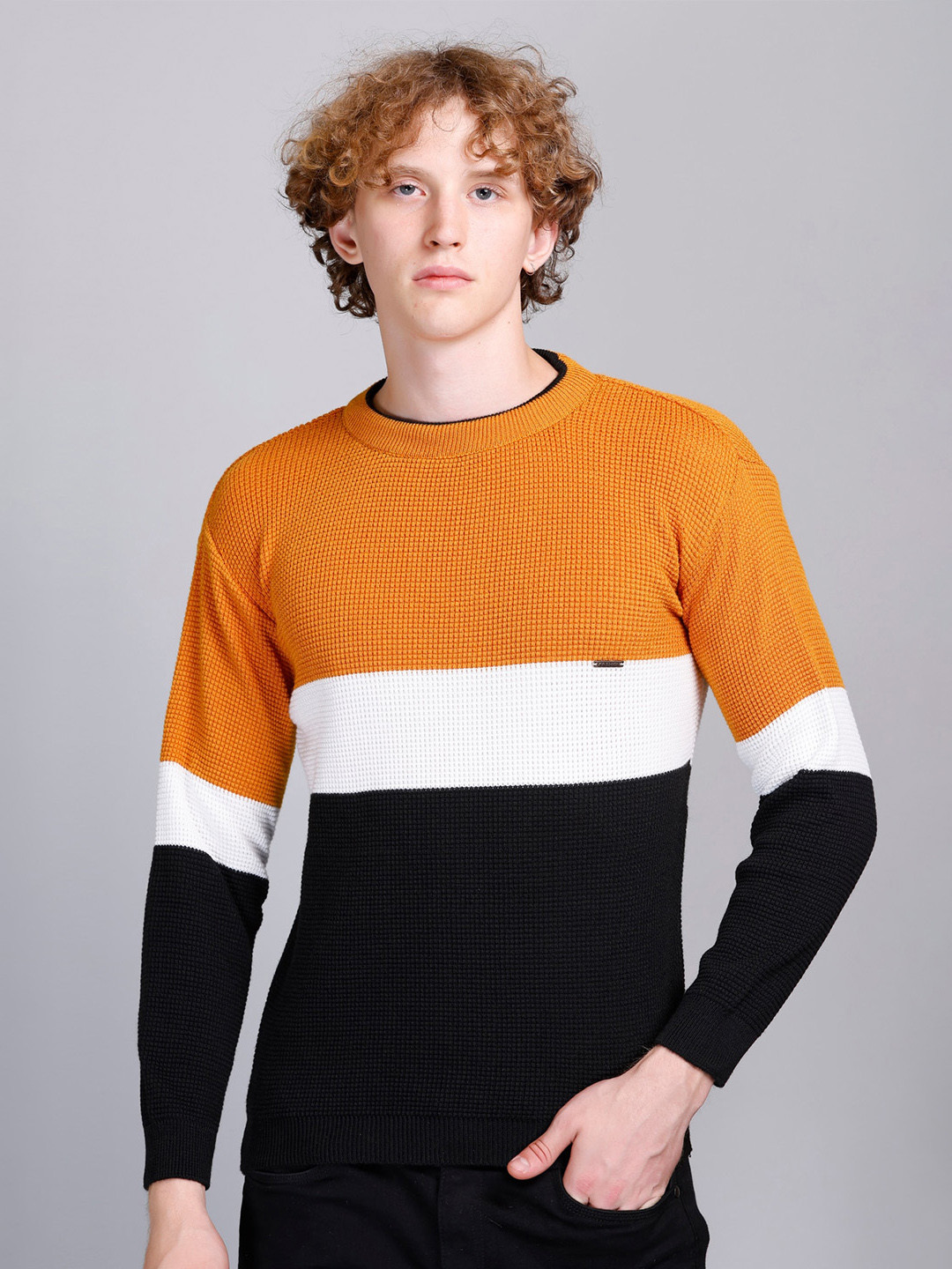 

GODFREY Colourblocked Round Neck Pullover, Mustard
