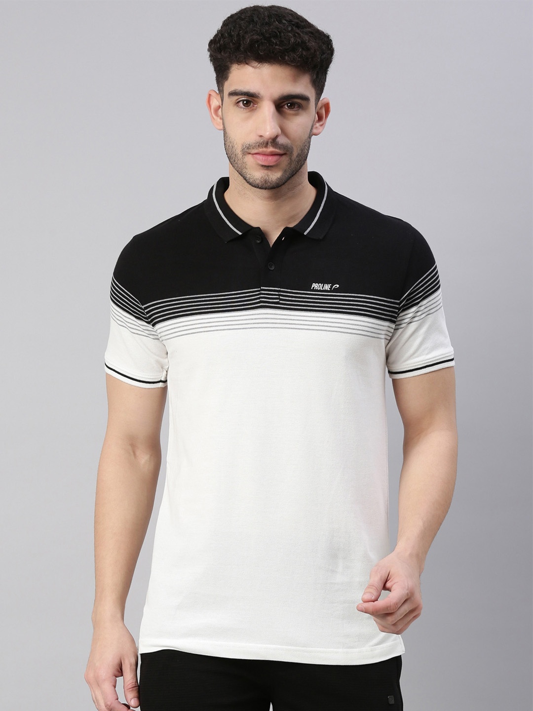 

Proline Colourblocked Polo Collar Cotton Casual T-shirt, Off white
