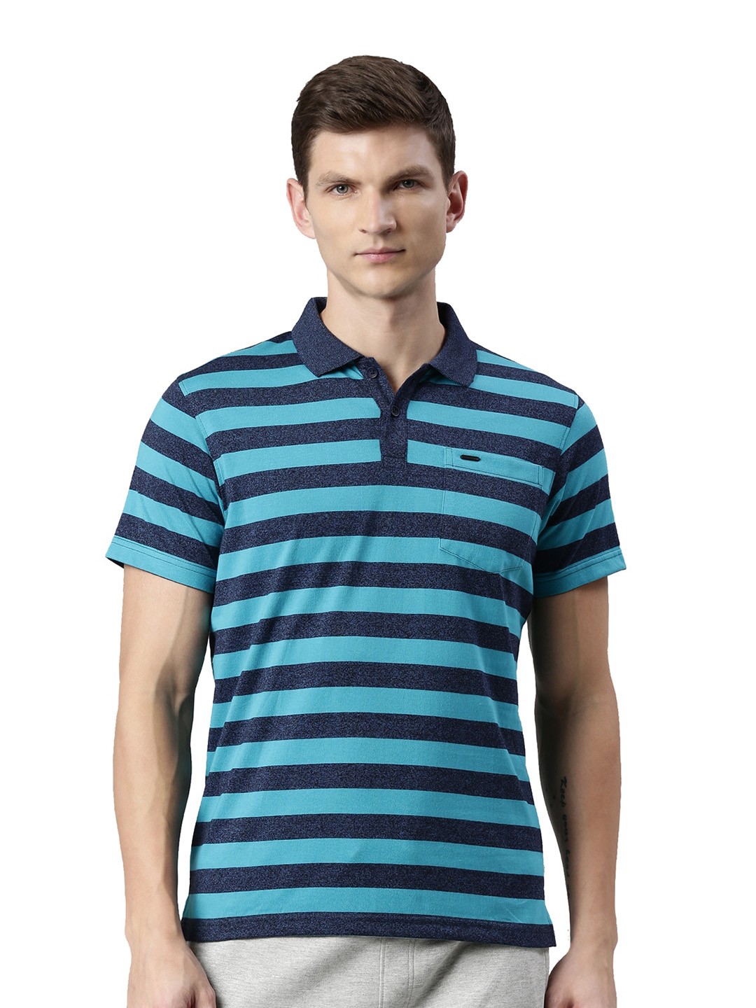 

Proline Striped Polo Collar Pockets Cotton Casual T-shirt, Turquoise blue