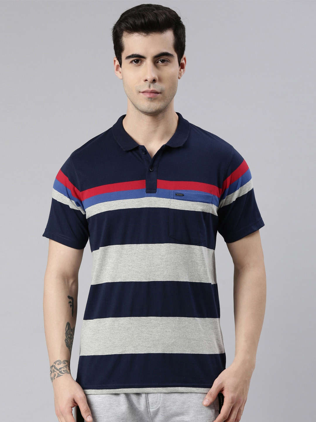 

Proline Striped Polo Collar Pockets Cotton Casual T-shirt, Navy blue