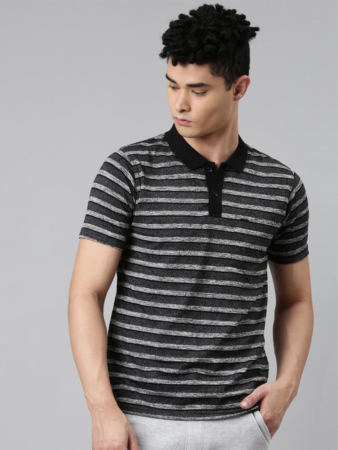 

Proline Striped Polo Collar Pockets Cotton Casual T-shirt, Black
