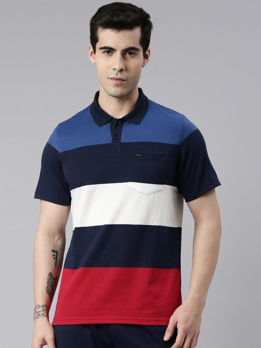 

Proline Colourblocked Polo Collar Pockets Cotton Casual T-shirt, Blue