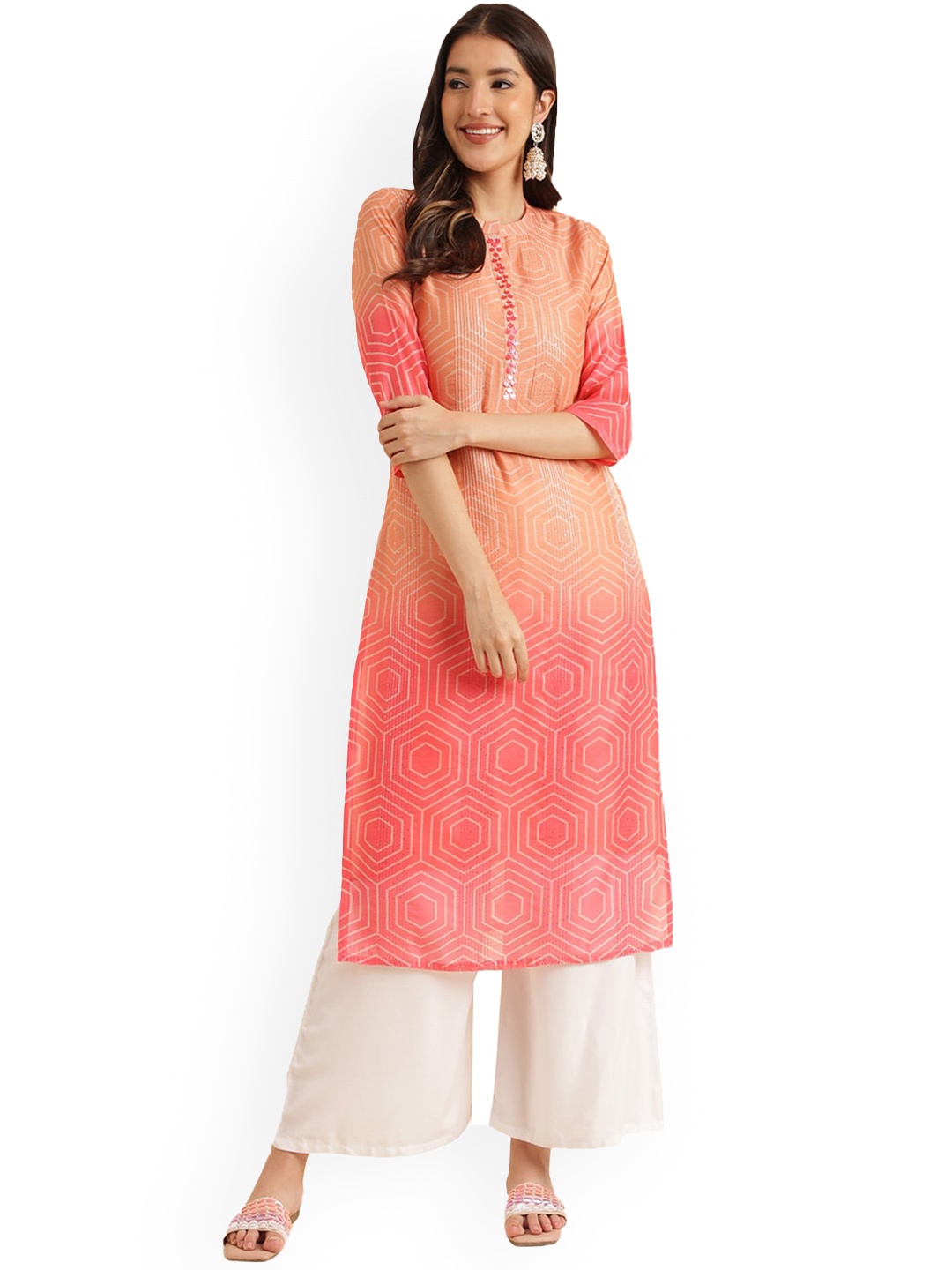 

KALINI Ethnic Motifs Printed Band Collar Kurta, Peach