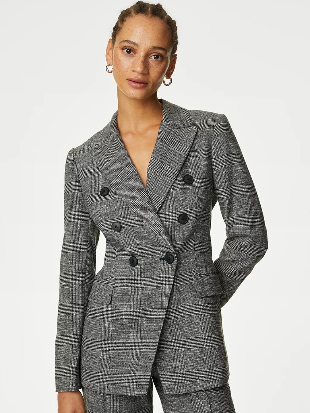 

Marks & Spencer Checked Double Breasted Notched Lapel Collar Blazer, Grey