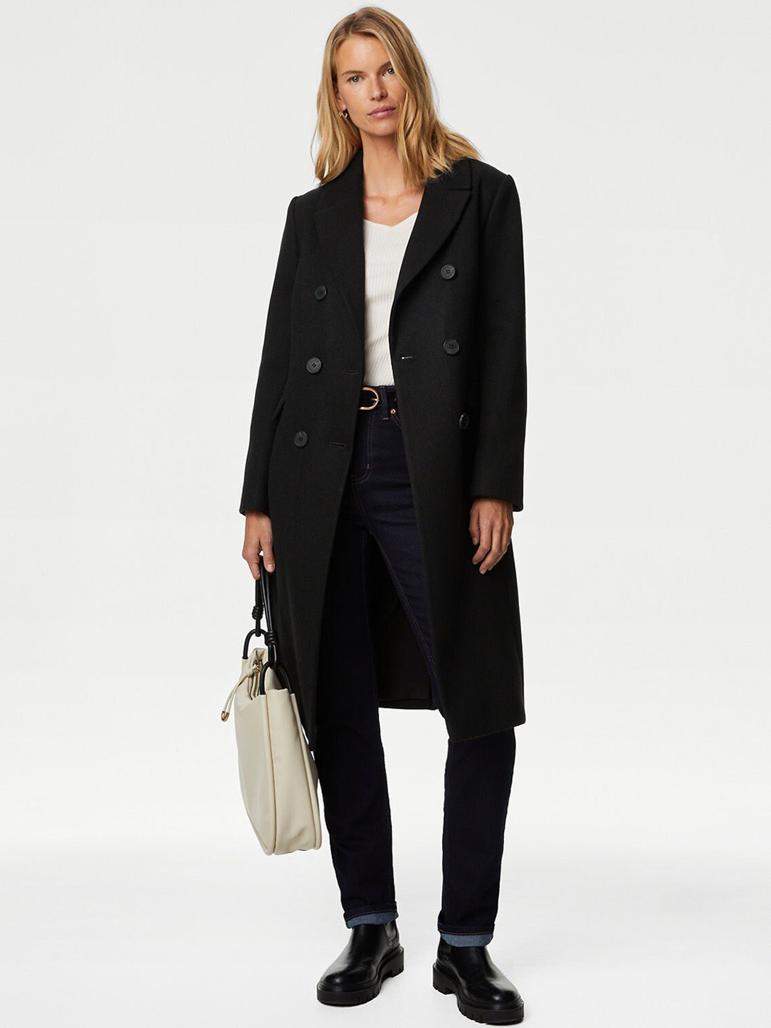

Marks & Spencer Twill Belted Notched Lapel Collar Single-Breasted Overcoat, Black