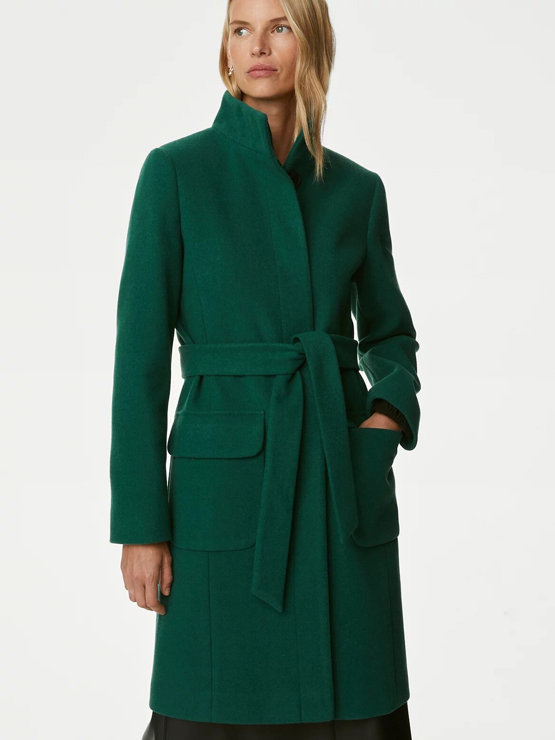 

Marks & Spencer Belted Mock Collar Single-Breasted Overcoat, Green