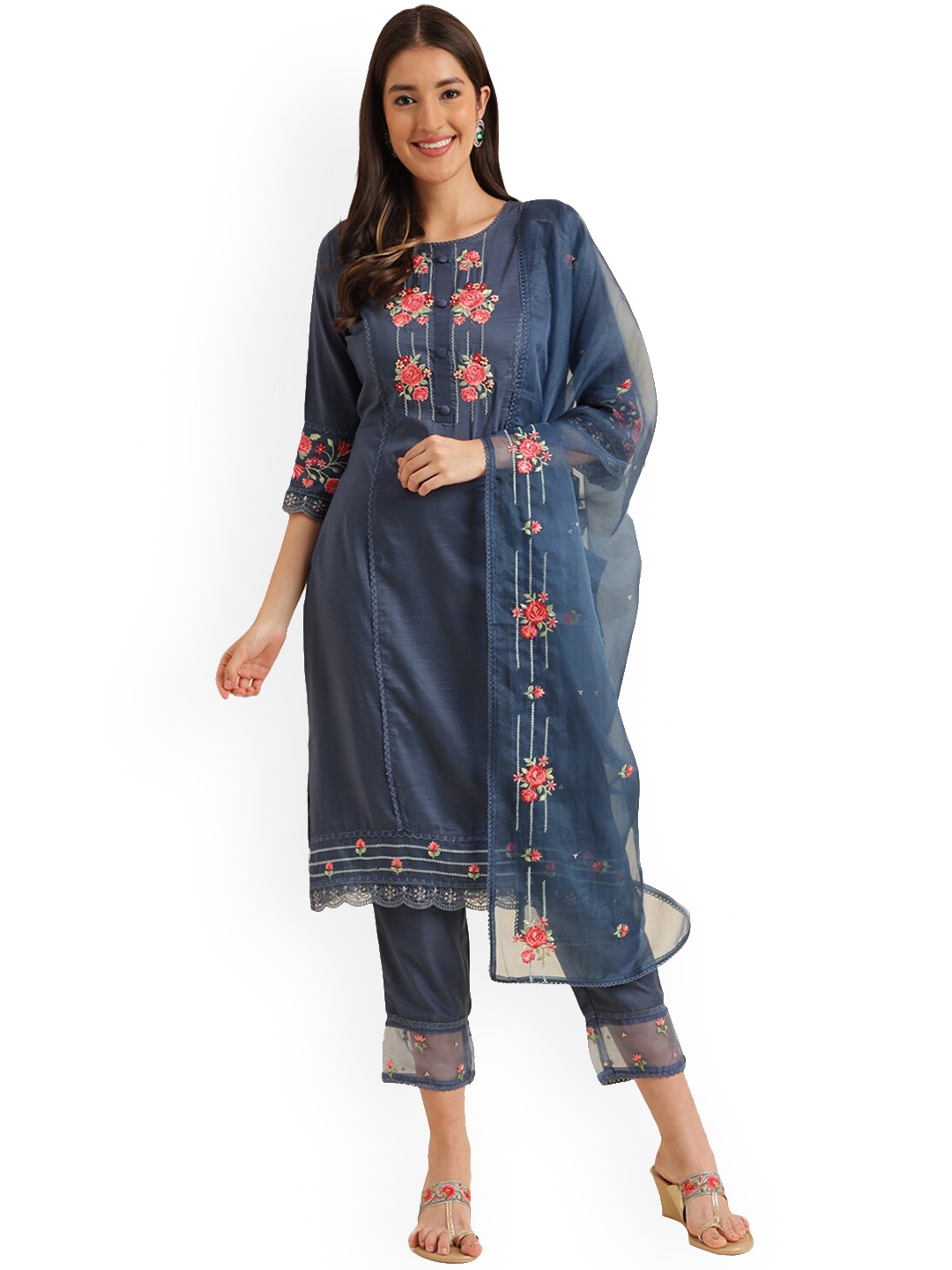 

KALINI Floral Sequinned Embroidered Regular Kurta With Trousers & Dupatta, Navy blue