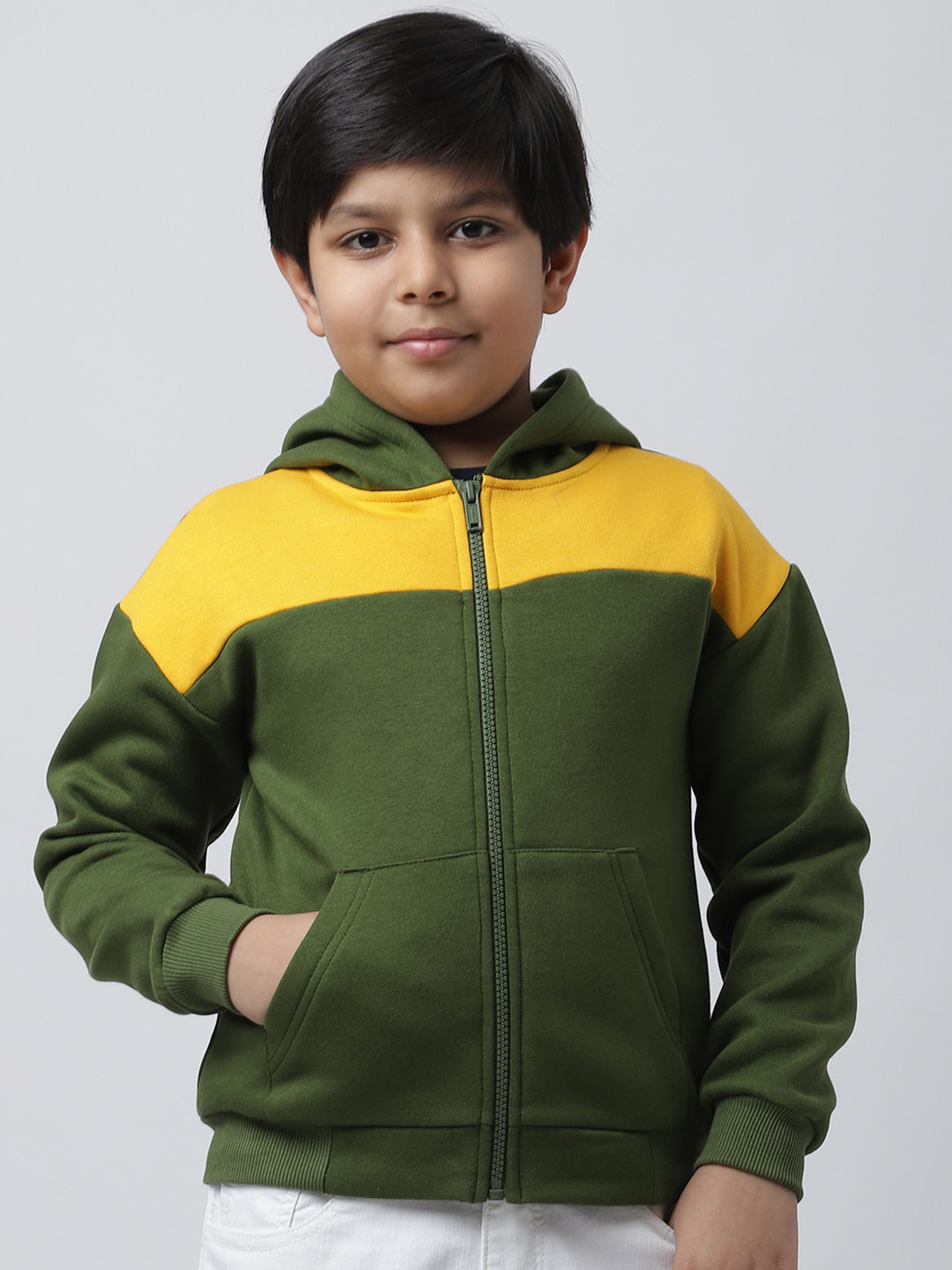 

Rute Boys Colourblocked Hooded Long Sleeves Front-Open Fleece Sweatshirt, Green