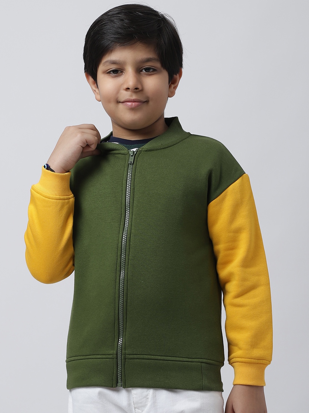 

Rute Boys Colourblocked Long Sleeves Front-Open Fleece Sweatshirt, Green