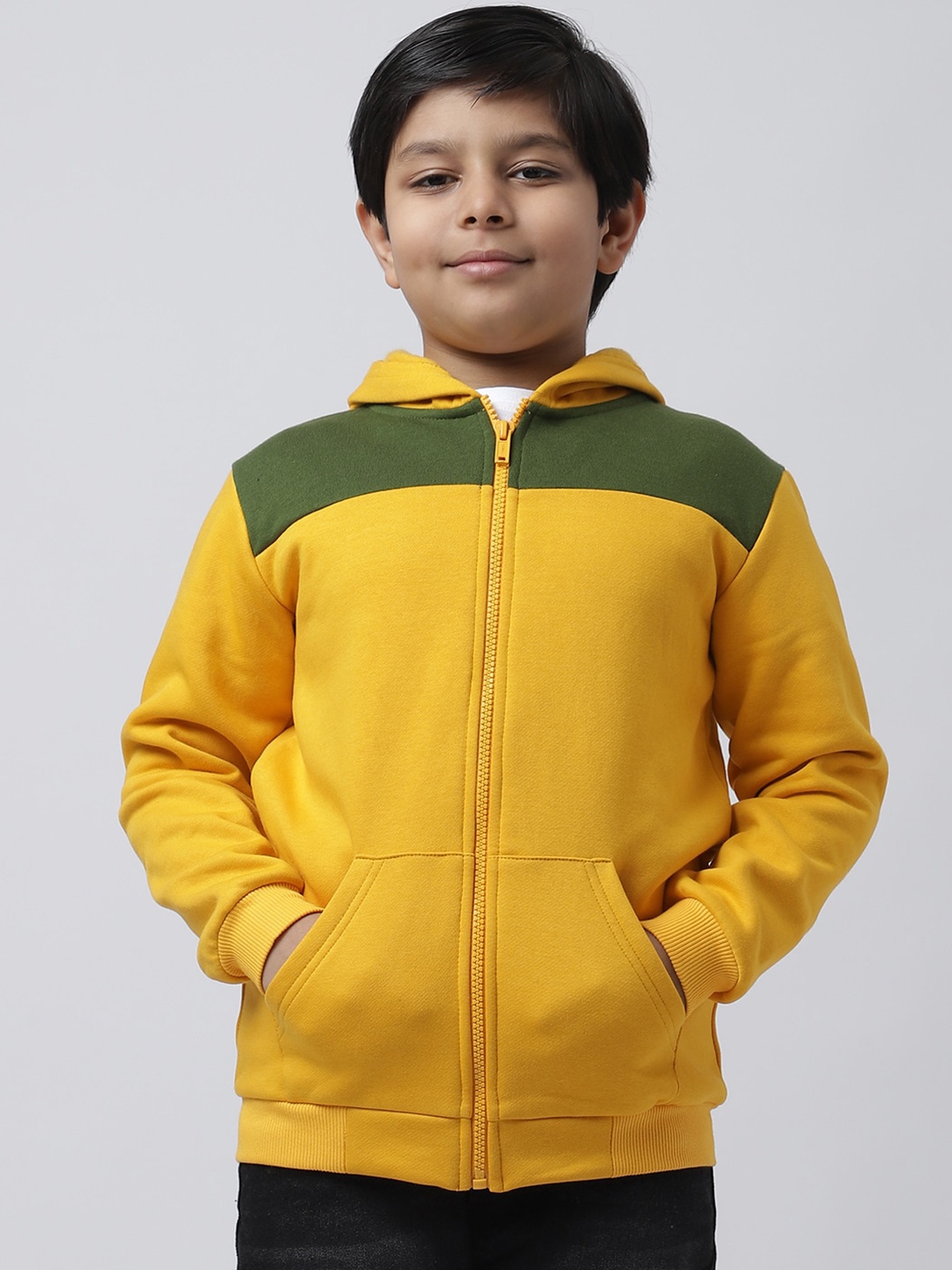 

Rute Boys Colourblocked Hooded Long Sleeves Front-Open Fleece Sweatshirt, Yellow