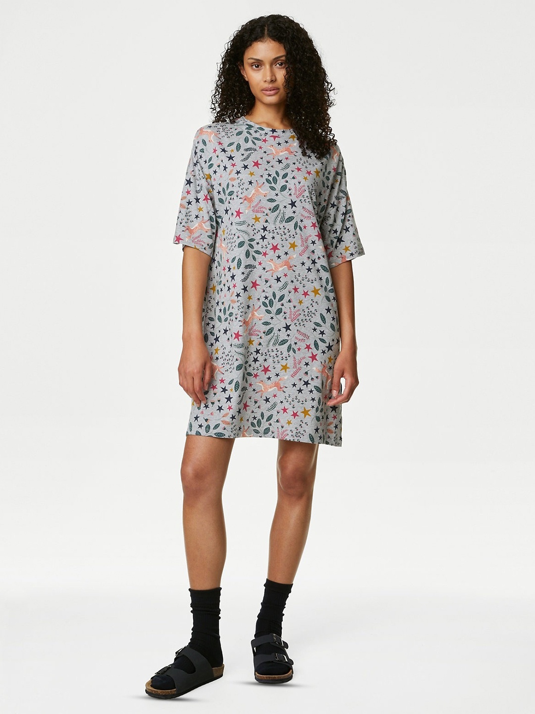 

Marks & Spencer Floral Printed Longline T-shirt Dress, Grey