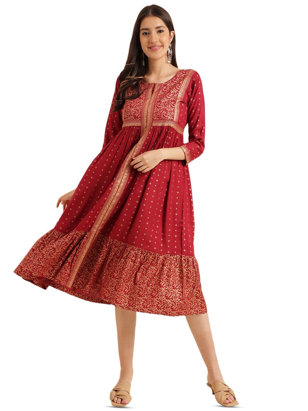 

KALINI Floral Printed Round Neck Gathered A-Line Midi Ethnic Dress, Maroon