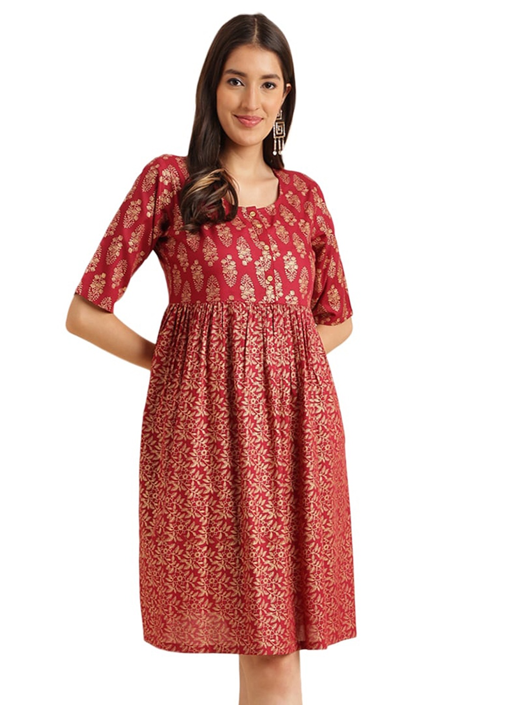 

KALINI Maroon Ethnic Motifs Printed Gathered Fit & Flare Dress