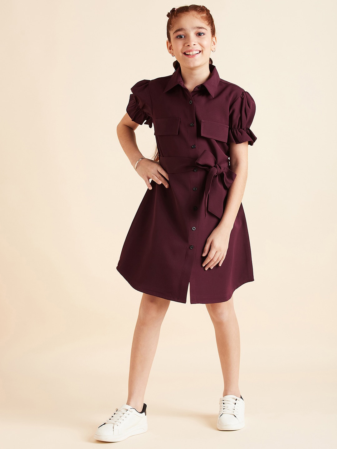 

Cherry & Jerry Girls Shirt Collar Puff Sleeve Tie Up Shirt Dress, Burgundy