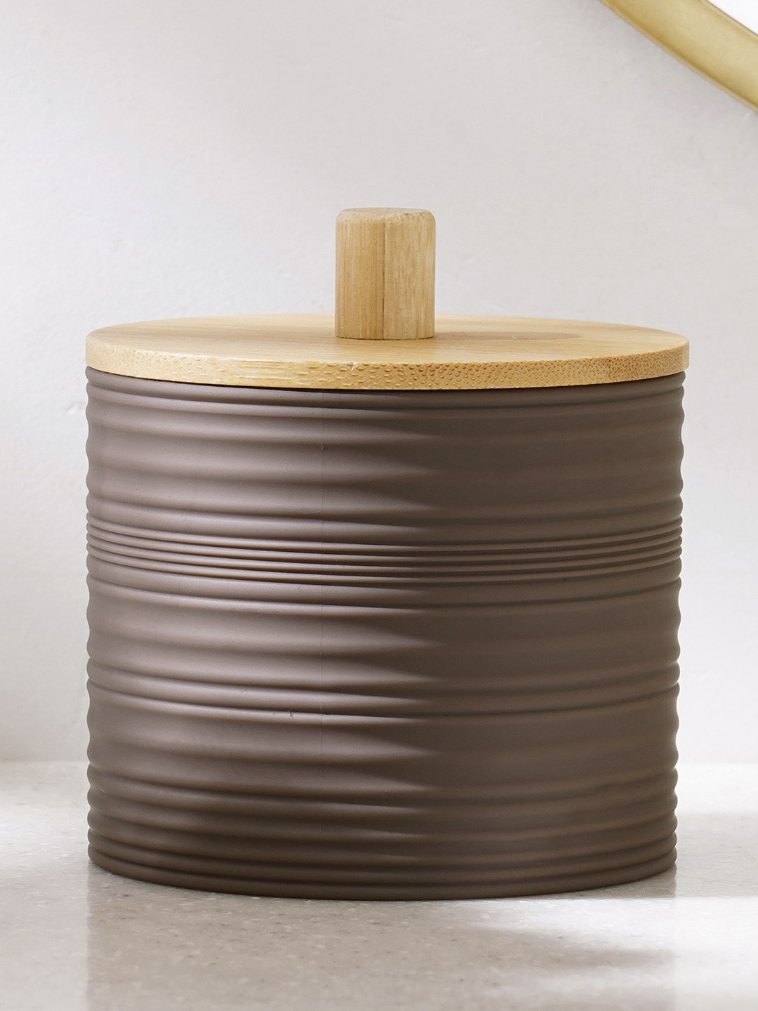 

Home Centre Brown & Beige Ribbed Cotton Box with Bamboo Lid