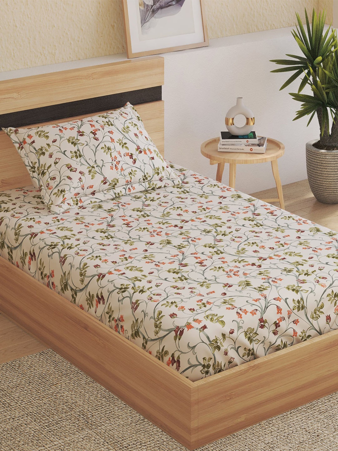 

Home Centre Harold Beige & Green Floral 120 TC Single Bedsheet with 1 Pillow Covers