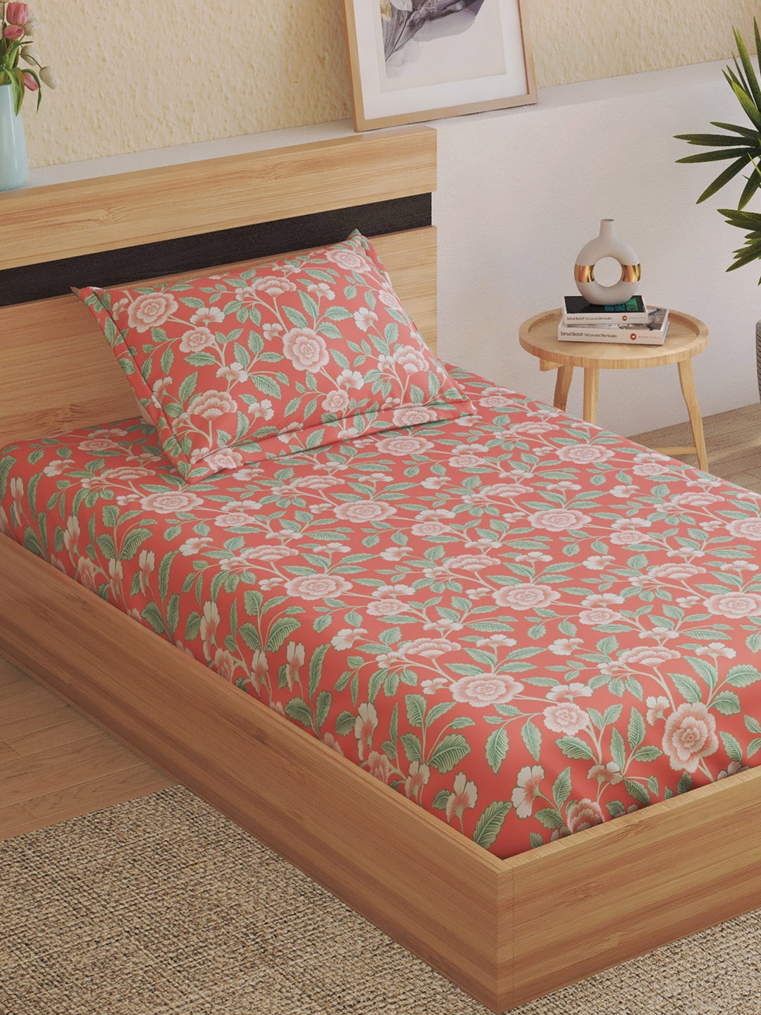 Home Centre Harold Coral & Green Floral 120 TC Single Bedsheet With 1 Pillow Cover