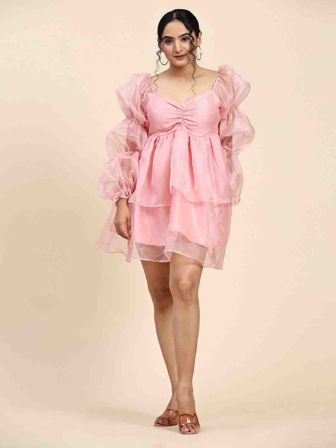 

Phenav Sweetheart Neck Puff Sleeves Fit & Flare Dress, Peach