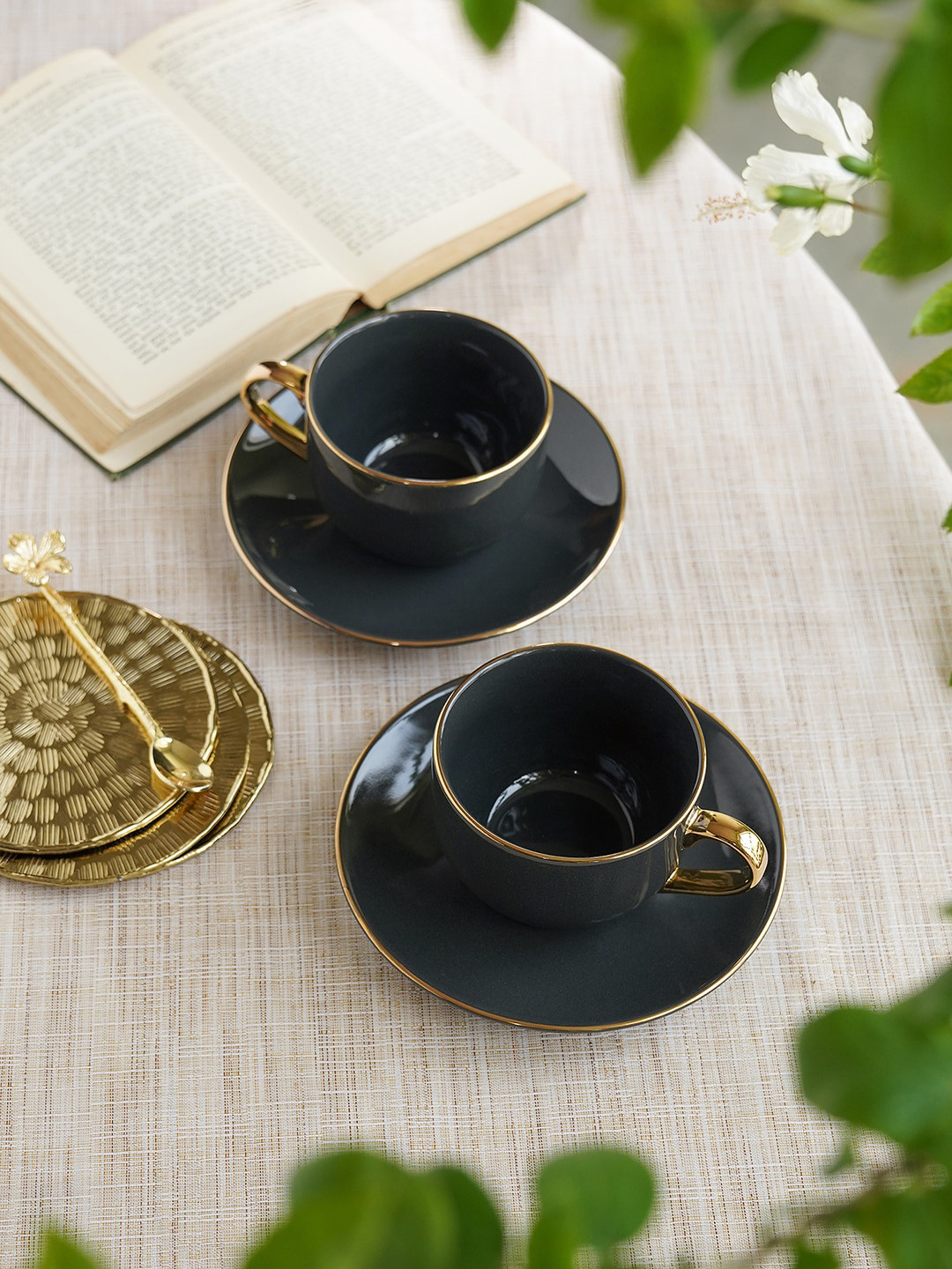 

Pure Home and Living 4 Pcs Grey & Gold-Toned Porcelain Cups and Saucers - 300 ML Each