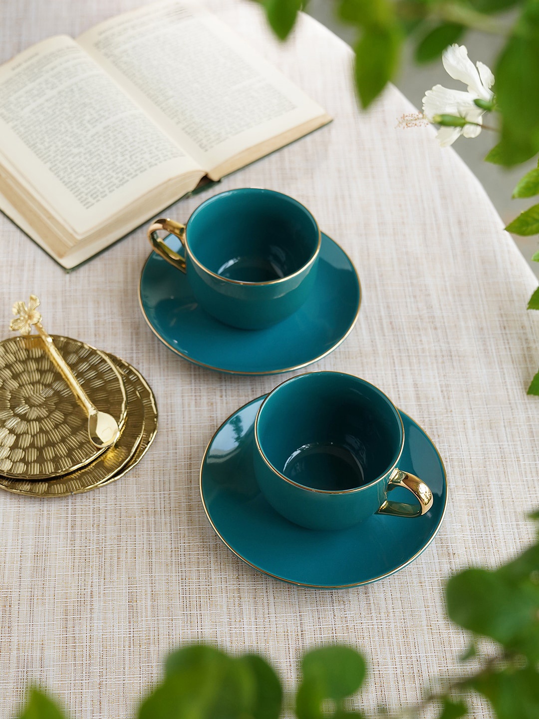 

Pure Home and Living 2 Pcs Blue & Gold-Toned Porcelain Cups and Saucers - 300 ML Each