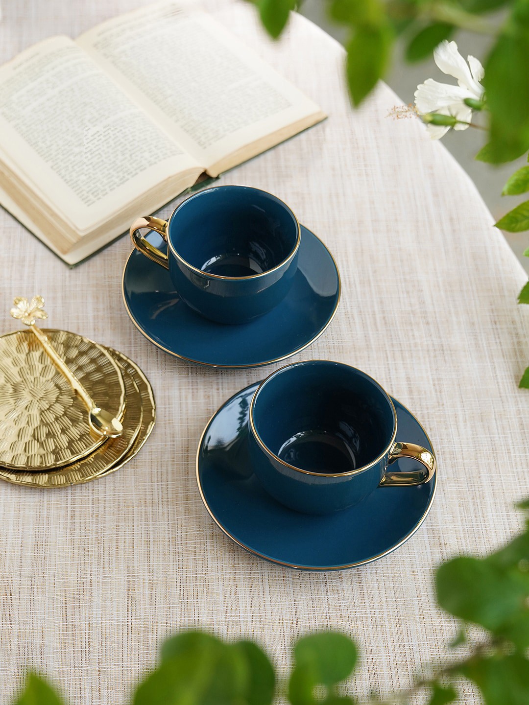 

Pure Home and Living 2 Pcs Blue & Gold-Toned Porcelain Cups and Saucers - 300 ML Each