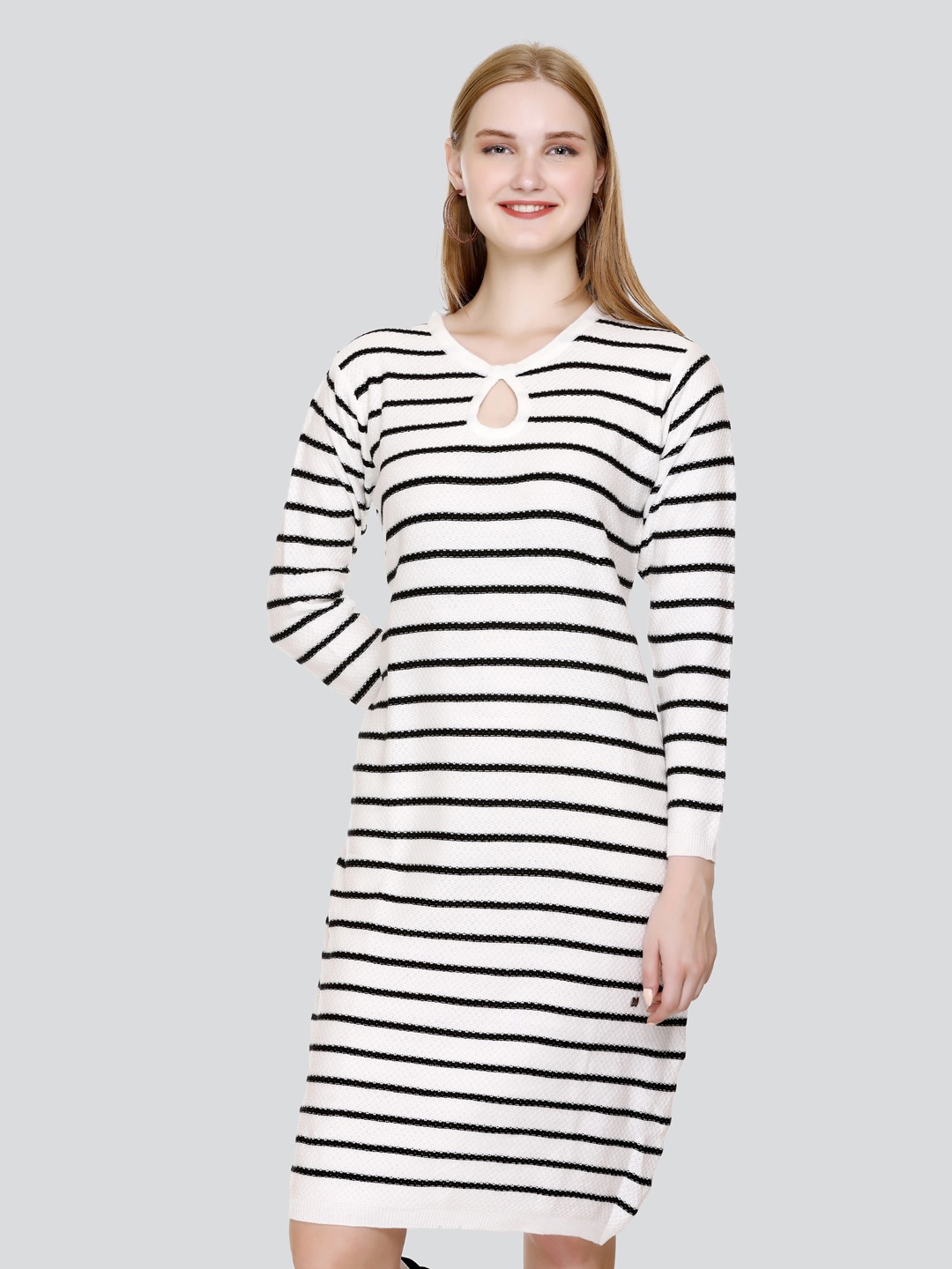 

GOSHA & MAU Striped Keyhole Neck Acrylic Jumper Dress, White