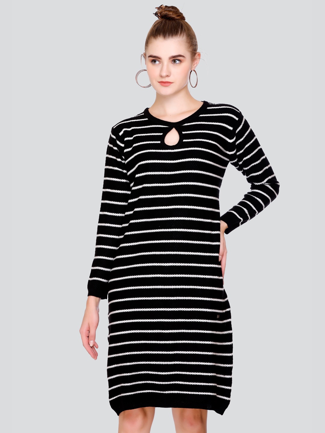 

GOSHA & MAU Striped Keyhole Neck Acrylic Jumper Dress, Black