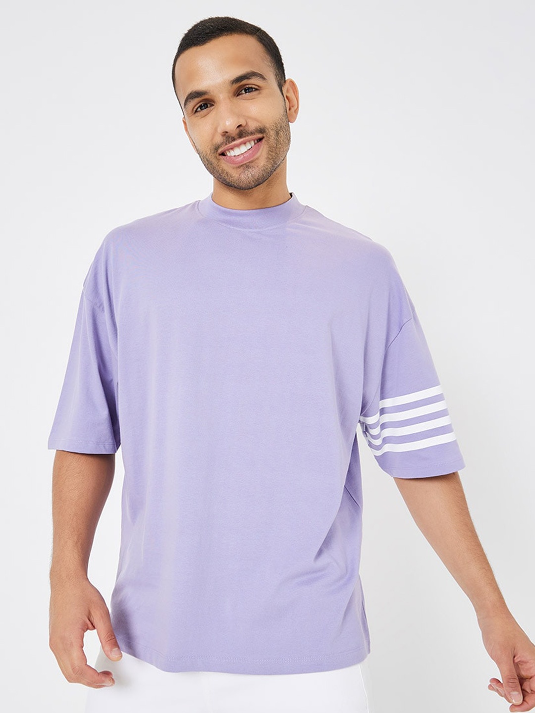 

Styli Striped Sleeves Boxy Fit Compact Jersey T-Shirt, Purple