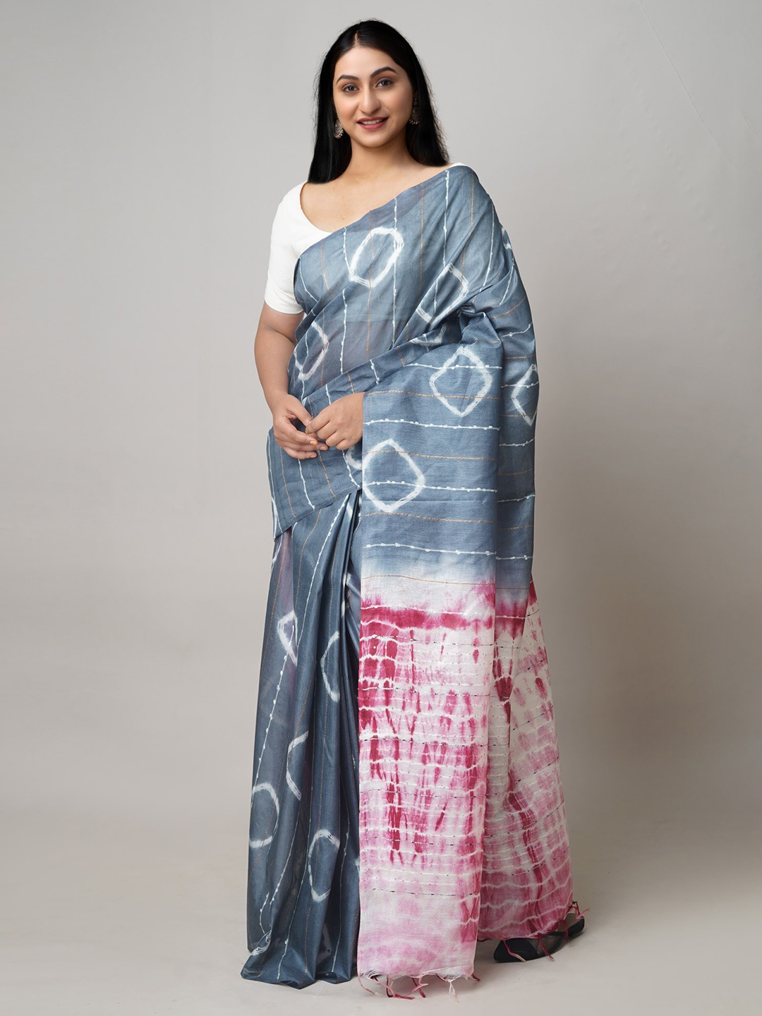 

Unnati Silks Tie and Dye Silk Cotton Leheriya Saree, Grey