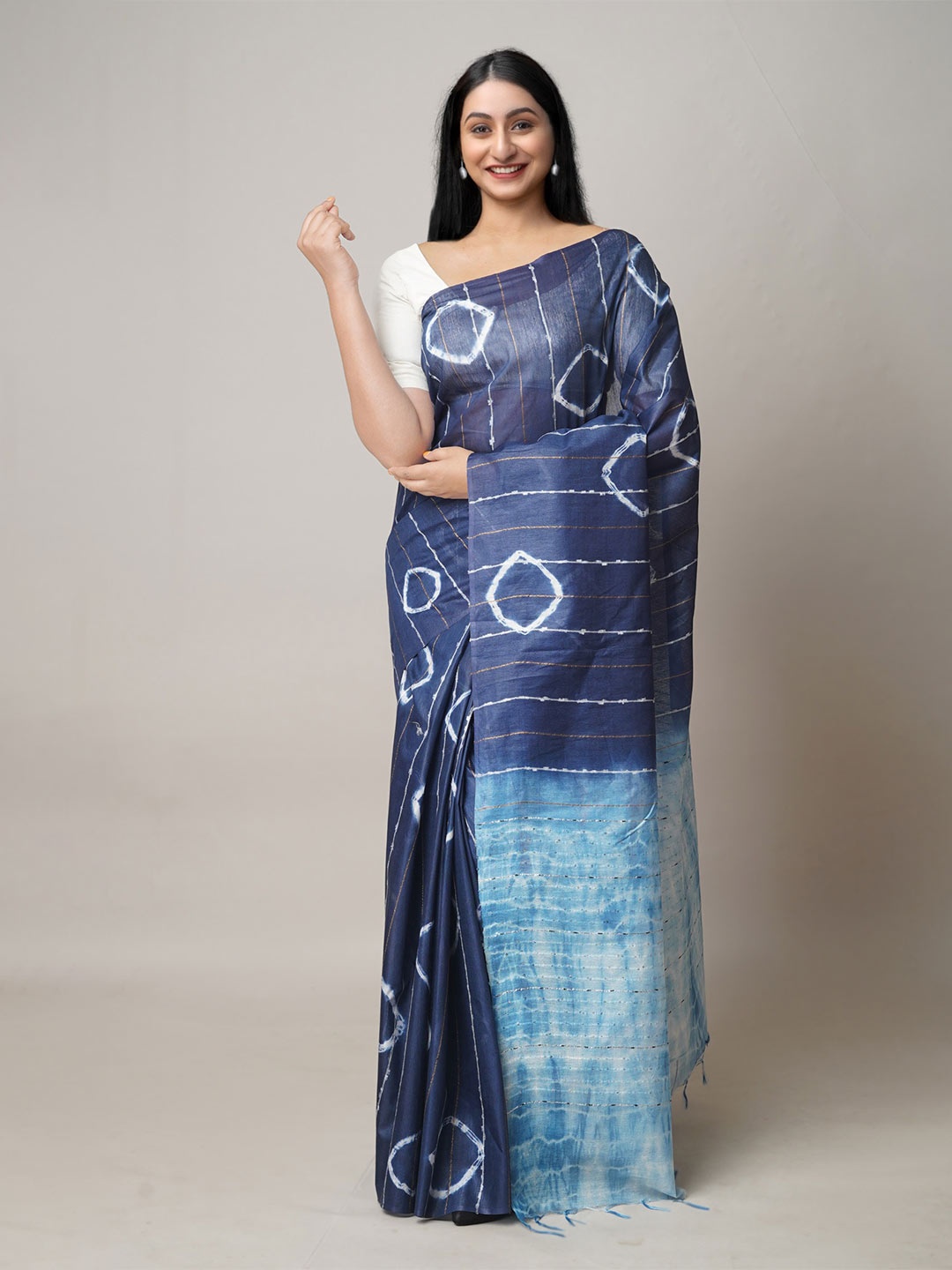 

Unnati Silks Tie and Dye Silk Cotton Leheriya Saree, Navy blue
