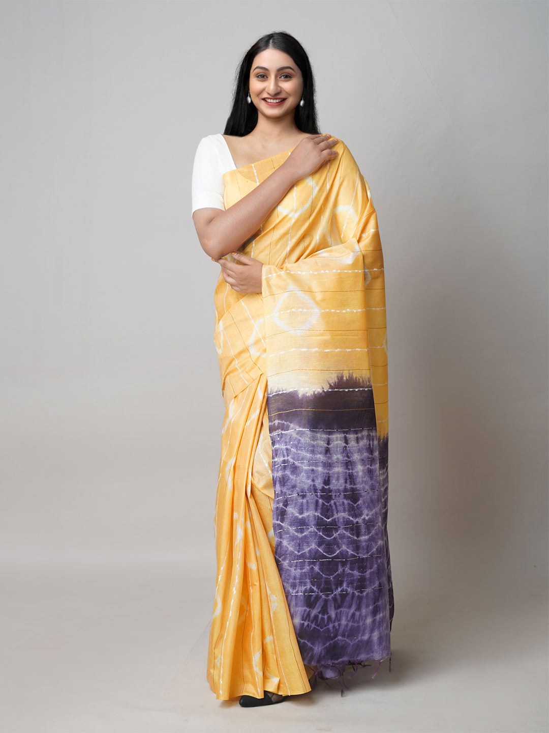 

Unnati Silks Tie and Dye Silk Cotton Leheriya Saree, Yellow