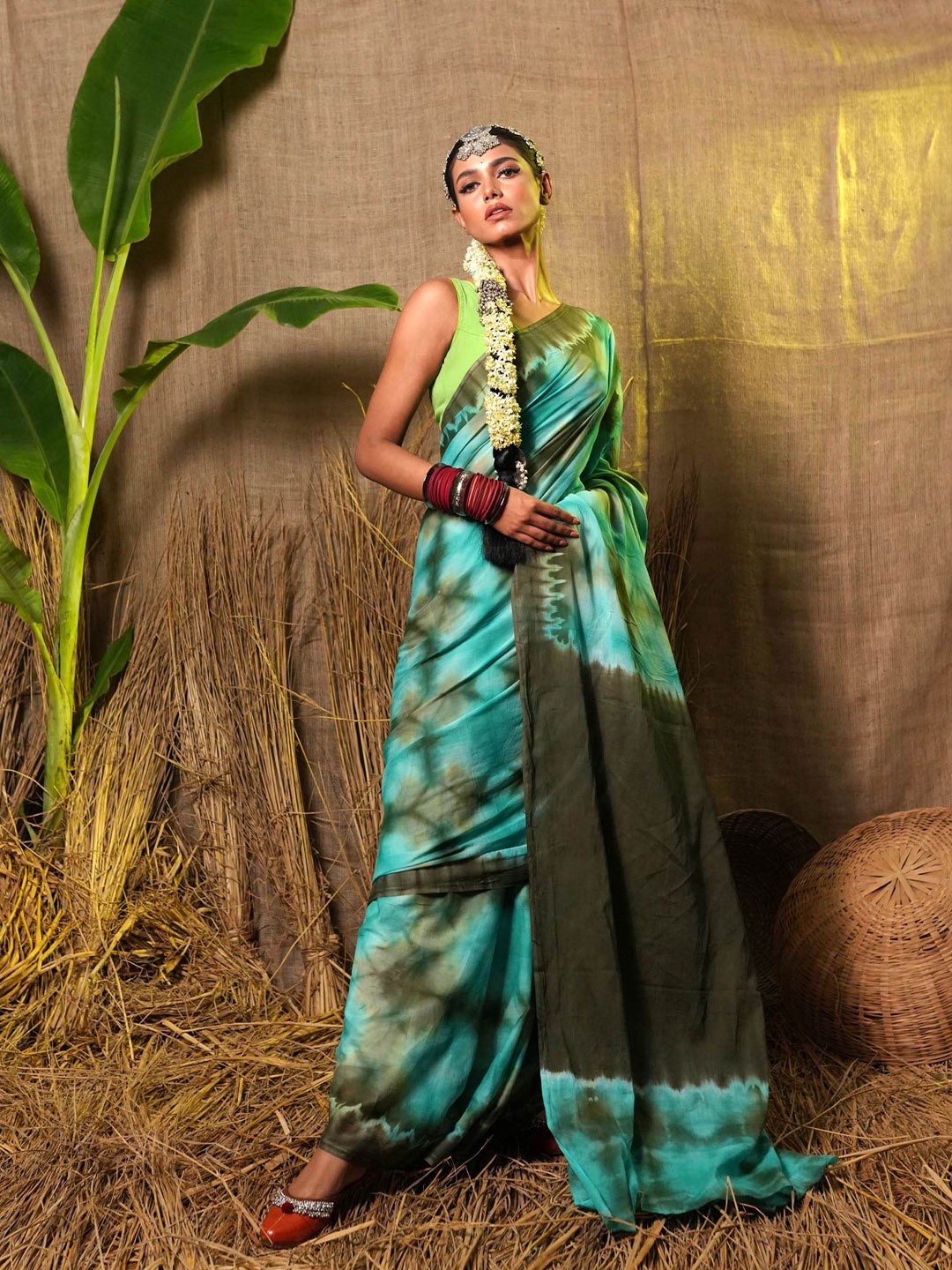 

Unnati Silks Tie and Dyed Pure Cotton Leheriya Saree, Green