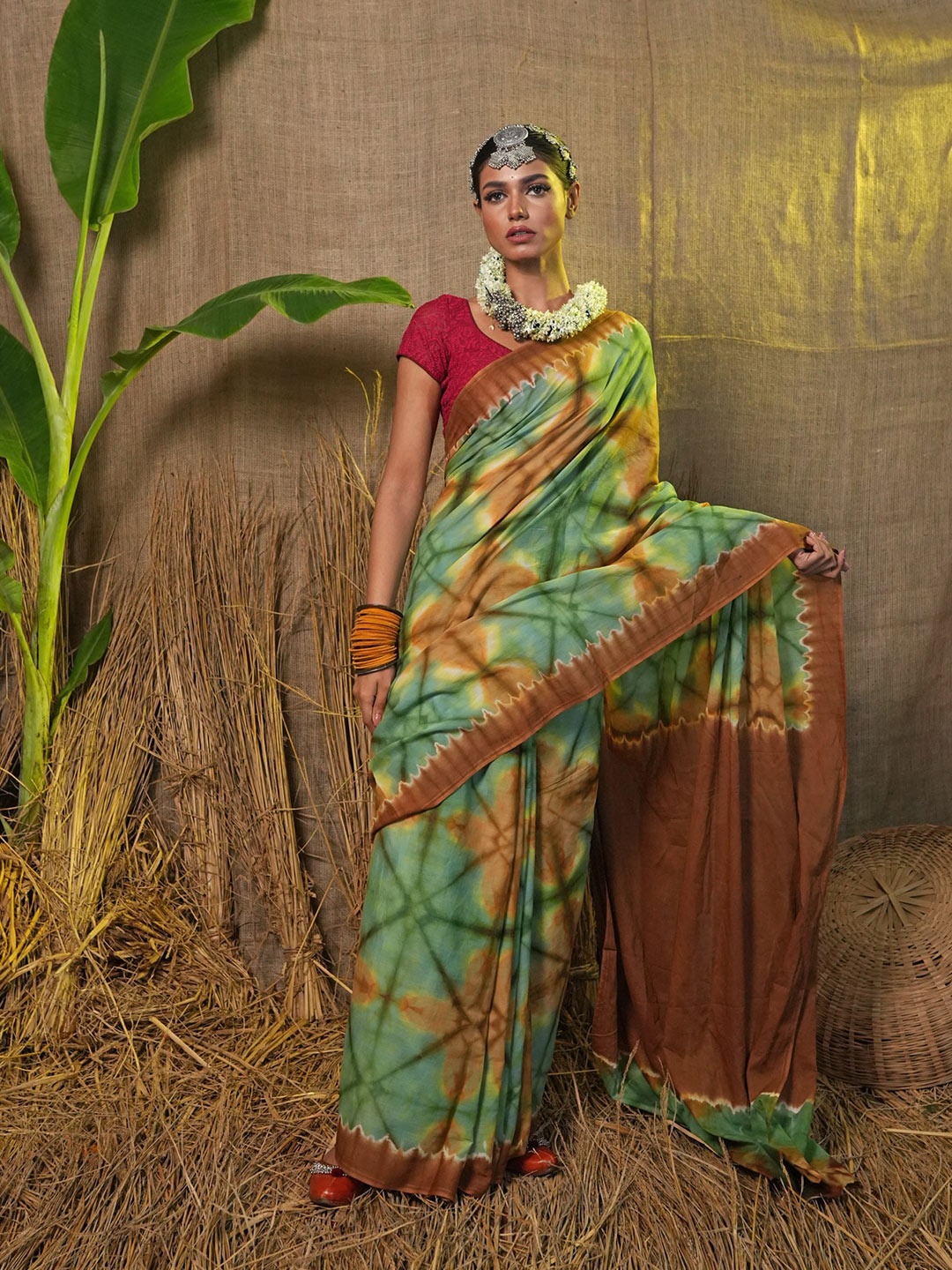

Unnati Silks Tie and Dyed Pure Cotton Leheriya Saree, Green