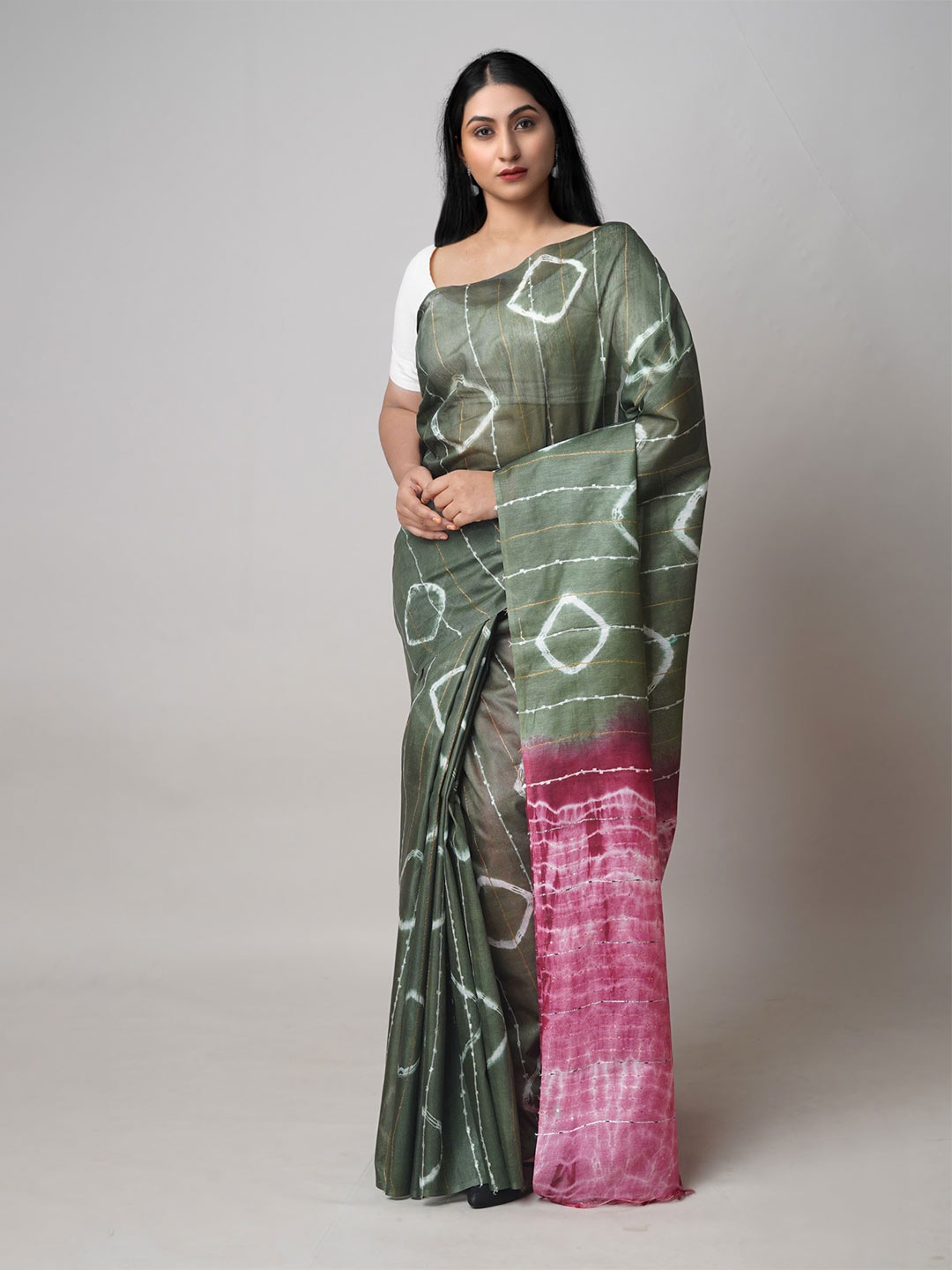 

Unnati Silks Tie & Dye Zari Silk Cotton Saree, Olive