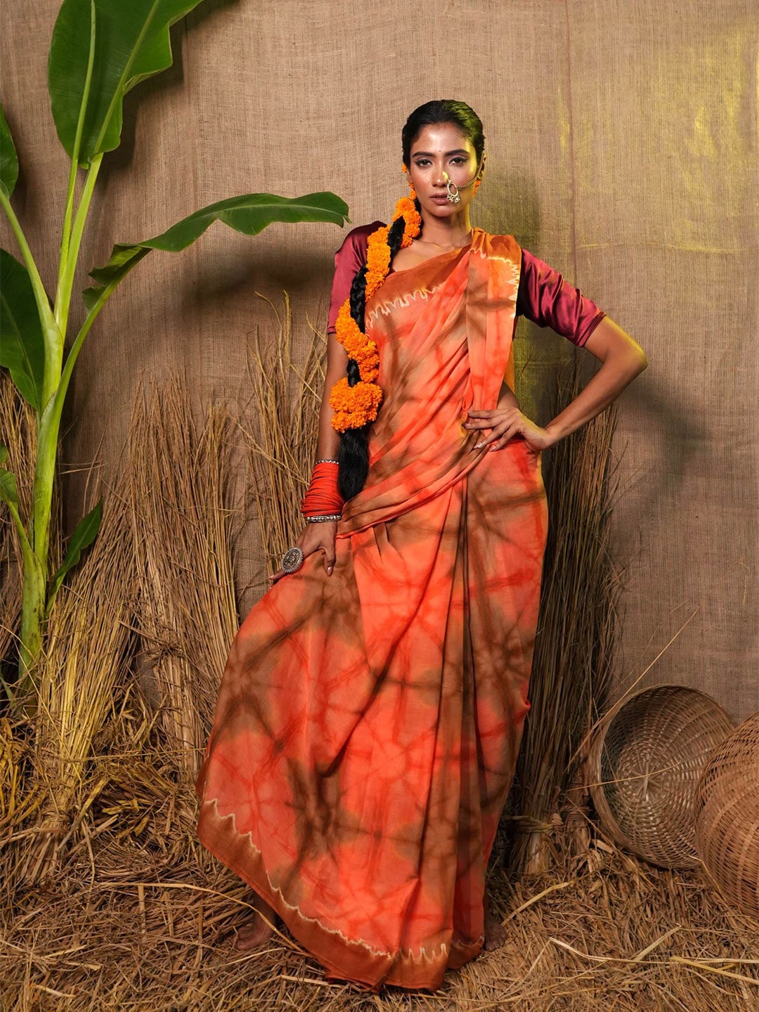 

Unnati Silks Tie and Dyed Pure Cotton Leheriya Saree, Orange